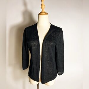 EILEEN FISHER Linen Open Front Cropped Black Cardigan Medium